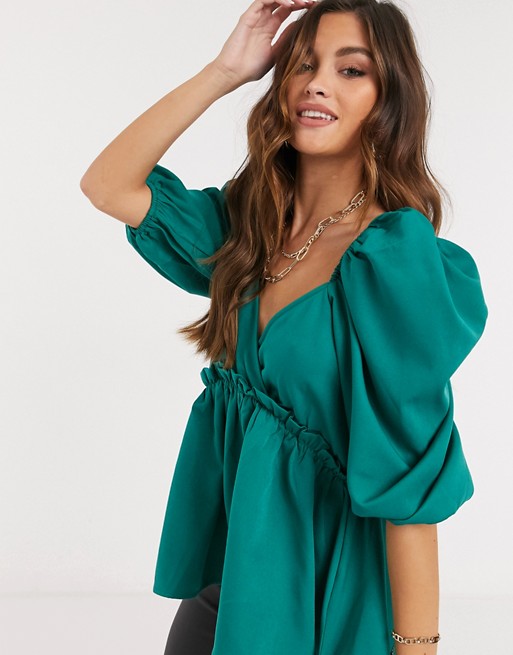 In The Style x Lorna Luxe extreme puff sleeve top in green