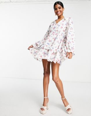 In The Style x Lorna Luxe frill detail tiered mini smock dress in pink floral