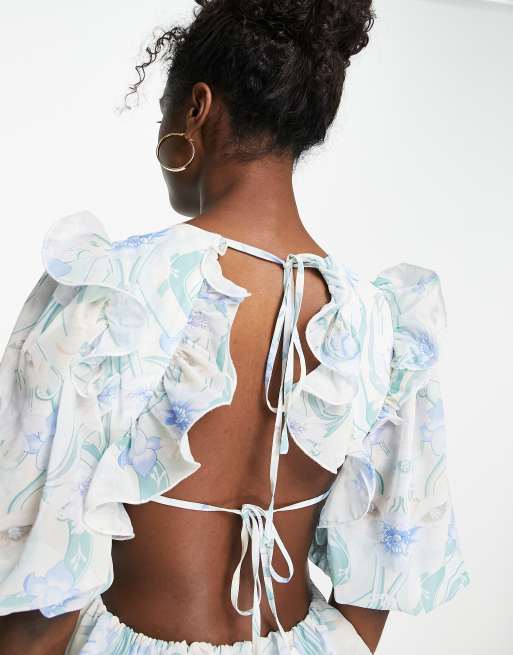 In The Style x Lorna Luxe frill open back cutout mini tea dress in multi, 4 of 4