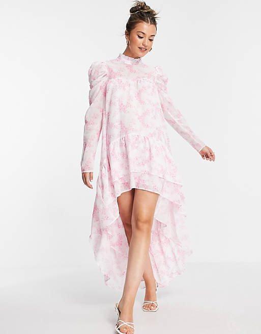 In The Style x Lorna Luxe graduated frill hem dress with full volume in pink floral print
