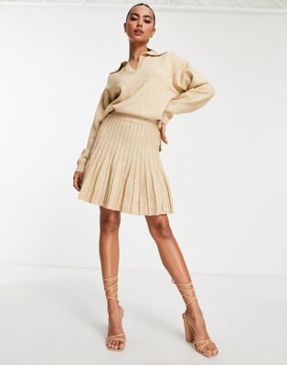 In The Style knitted pleated skater skirt co-ord in stone