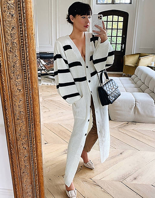 In The Style x Lorna Luxe long line cardi with contrast stripe in white