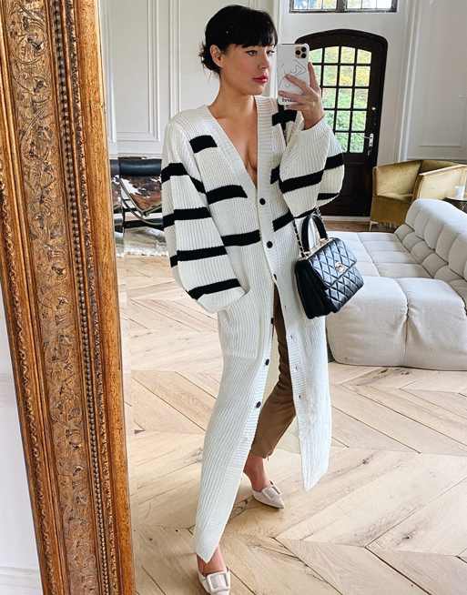 In The Style x Lorna Luxe long line cardigan with contrast stripe in white