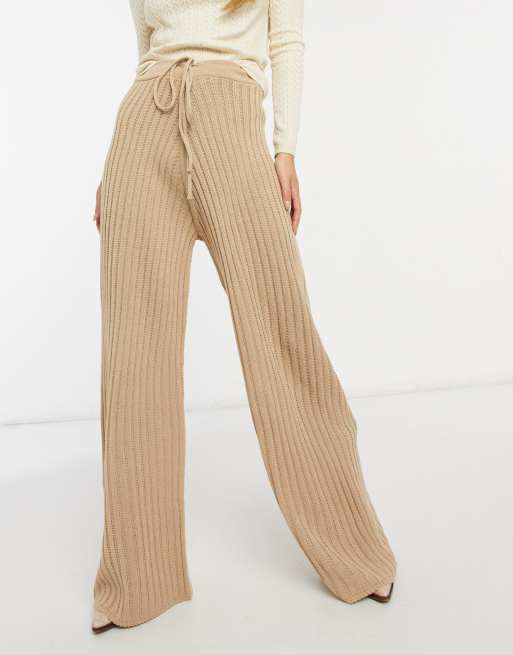 Ribbed Wide Leg Pants - Beige