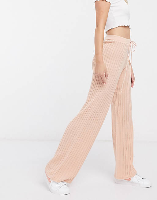 In The Style x Lorna Luxe lullaby ribbed wide leg trouser co ord in blush