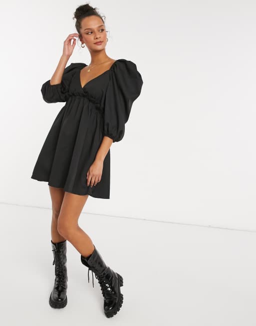 In The Style x Lorna Luxe mini smock dress with exaggerated sleeves in black