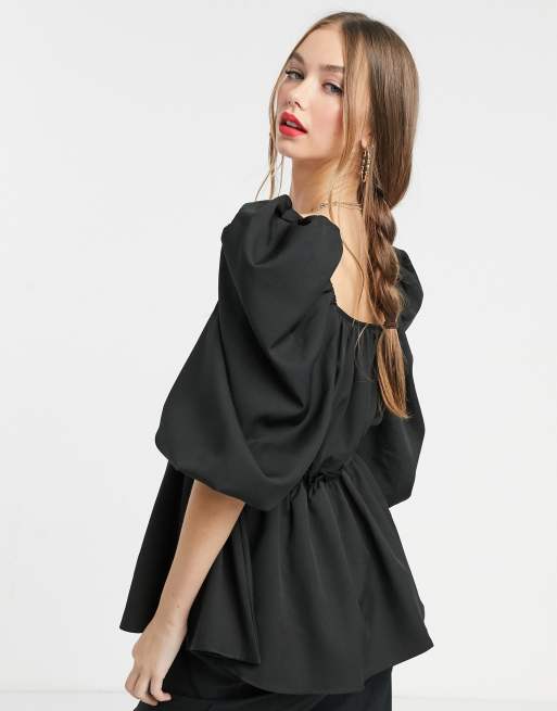 In The Style x Lorna Luxe – Oberteil mit extremen Puffärmeln in Schwarz, 2 von 4
