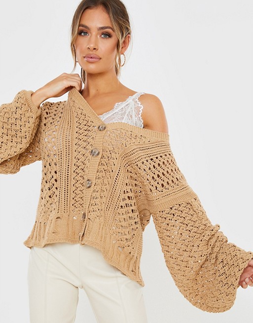 In The Style x Lorna Luxe oversized crochet cardigan in tan