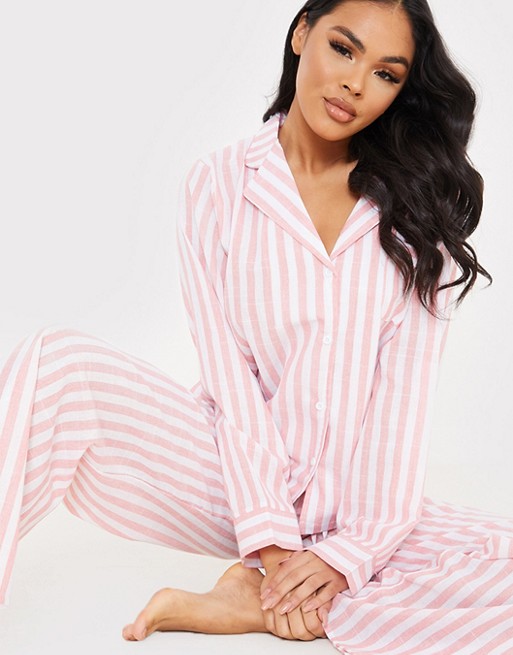 In The Style x Lorna Luxe pin stripe pyjama shirt and trouser set in pink