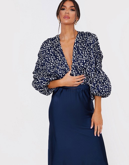 In The Style x Lorna Luxe plunge front volume sleeve body in navy floral print