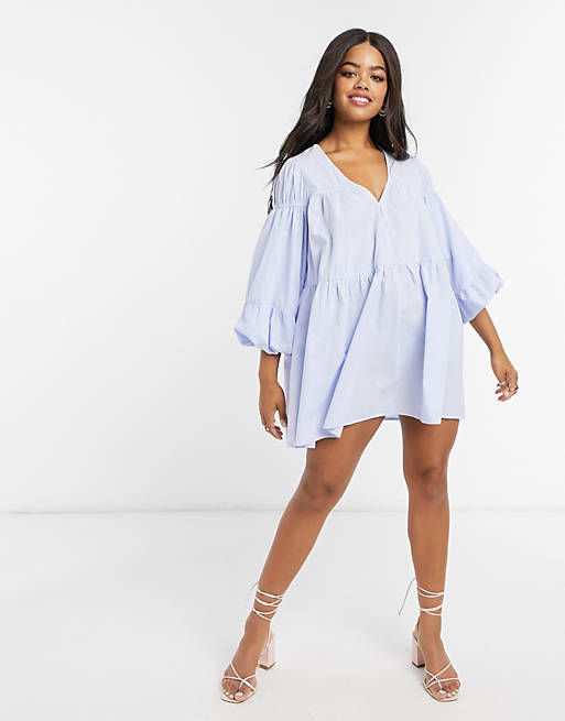 Dresses In The Style x Lorna Luxe poplin ruched detail smock dress in blue 
