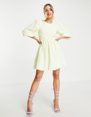 In The Style x Lorna Luxe puff sleeve corset seam detail mini tea dress in lemon-Yellow