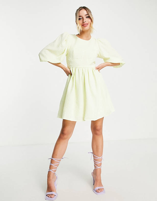 In The Style - x lorna luxe puff sleeve corset seam detail mini tea dress in lemon