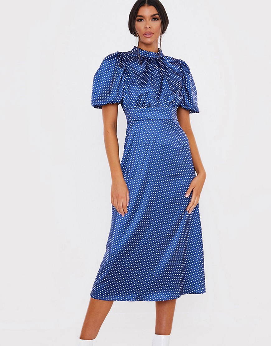 In The Style x Lorna Luxe puff sleeve midi dress in navy polka print-Multi