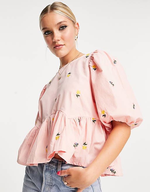  Shirts & Blouses/In The Style x Lorna Luxe puff sleeve swing top in pink floral print 