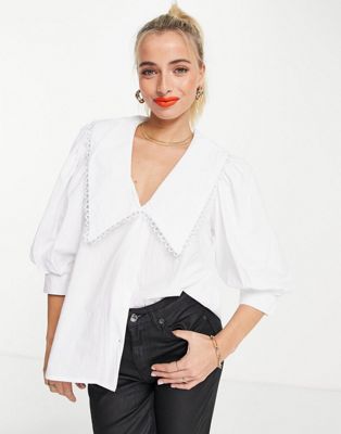 Femme In The Style x Lorna Luxe - Robe chemise à col oversize et manches ballon - Blanc