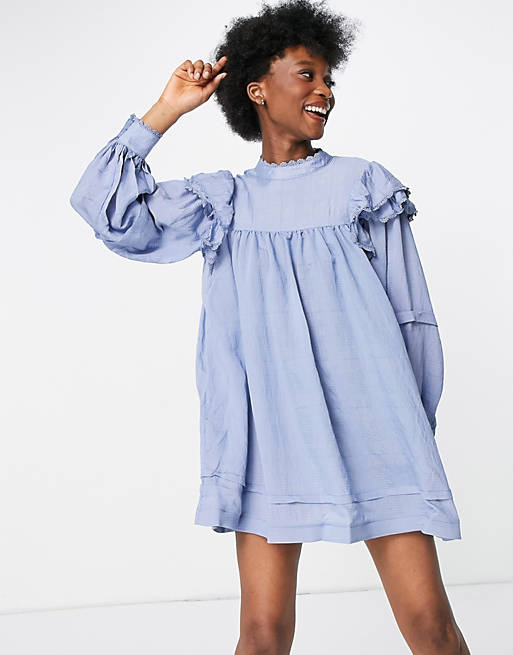 In The Style x Lorna Luxe ruffle shoulder puff sleeve smock dress in textured blue stripe