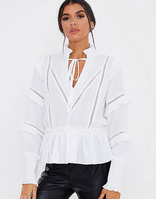 In The Style x Lorna Luxe ruffle trim blouse in white
