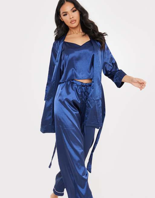 In The Style x Lorna Luxe - Satijnen badjas met riem in marineblauw