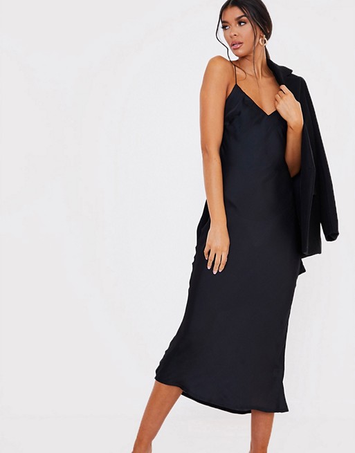 In The Style x Lorna Luxe satin cami strap midi dress in black