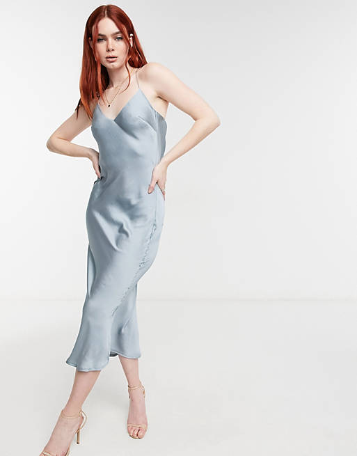 In The Style x Lorna Luxe satin cami strap midi dress in teal