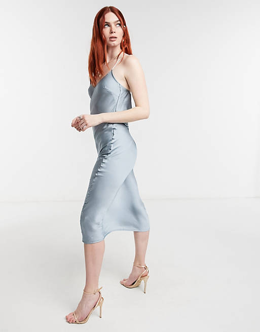 Dresses In The Style x Lorna Luxe satin cami strap midi dress in teal 