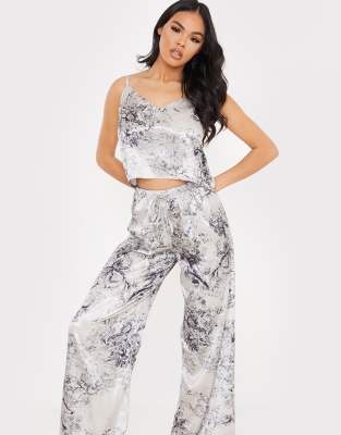 In The Style x Lorna Luxe satin contrast trim pajama cami and wide leg pant set in navy floral-Multi