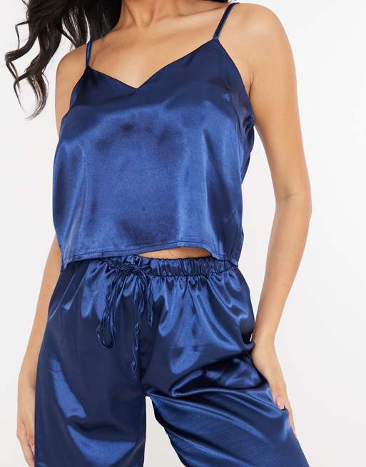 In The Style x Lorna Luxe satin contrast trim pajama cami and wide leg pants set in navy