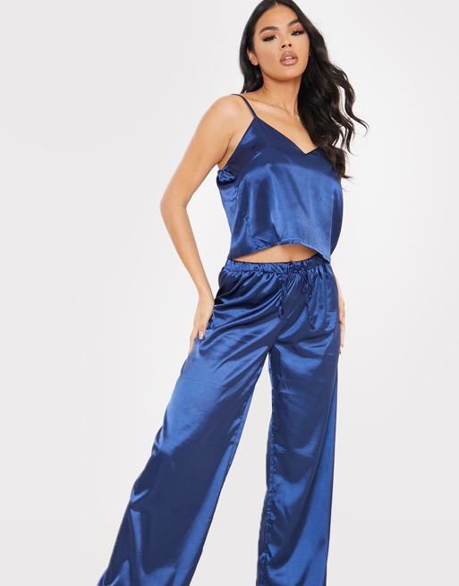 In The Style x Lorna Luxe satin contrast trim pyjama cami and wide leg trouser set in navy