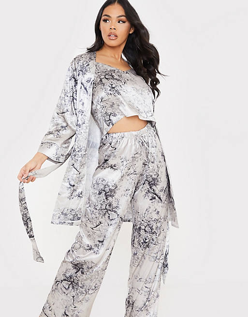 In The Style x Lorna Luxe satin contrast trim robe with belt in navy floral