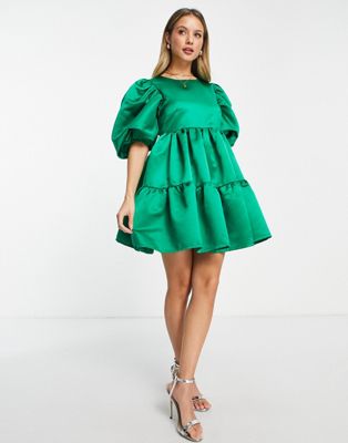 In The Style x Lorna Luxe satin puff sleeve trapeze mini dress in green