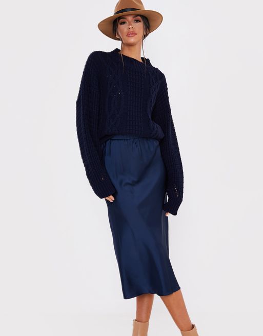 In The Style x Lorna Luxe satin slip midi skirt in navy