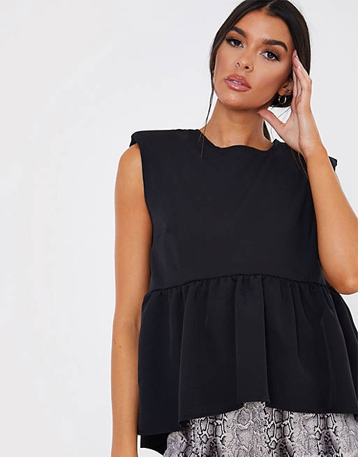 In The Style x Lorna Luxe shoulder detail smock top in black