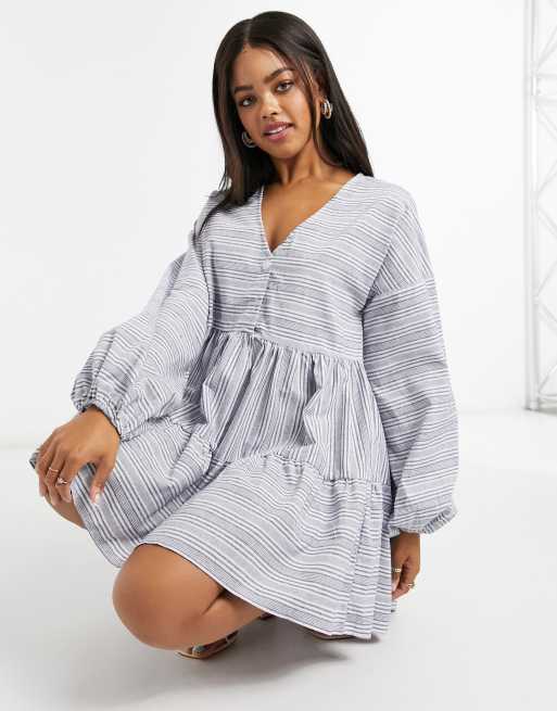 Asos design mini v neck cheap button through smock dress in stripe