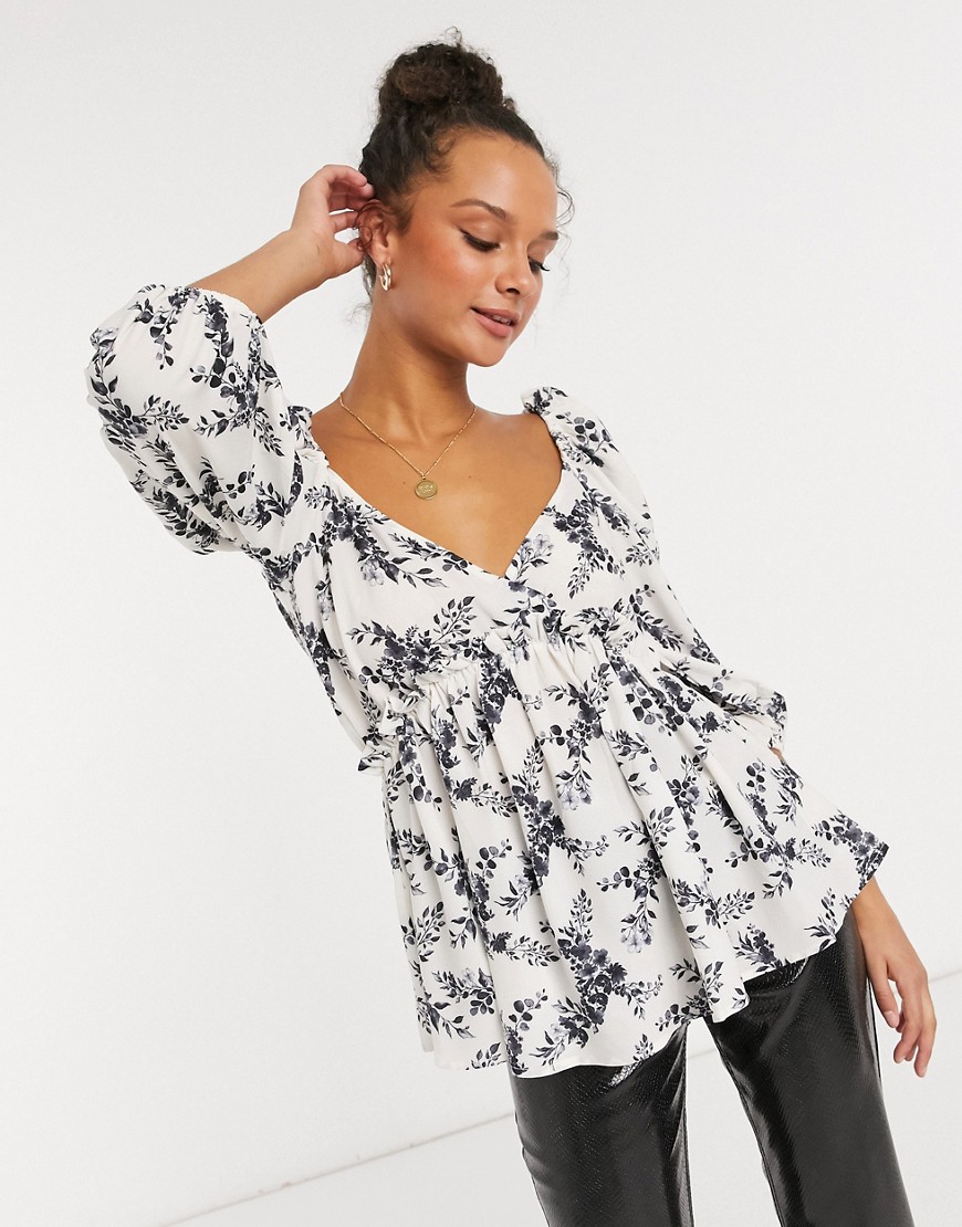 In The Style x Lorna Luxe top with exaggerated sleeve in mono floral print-Multi
