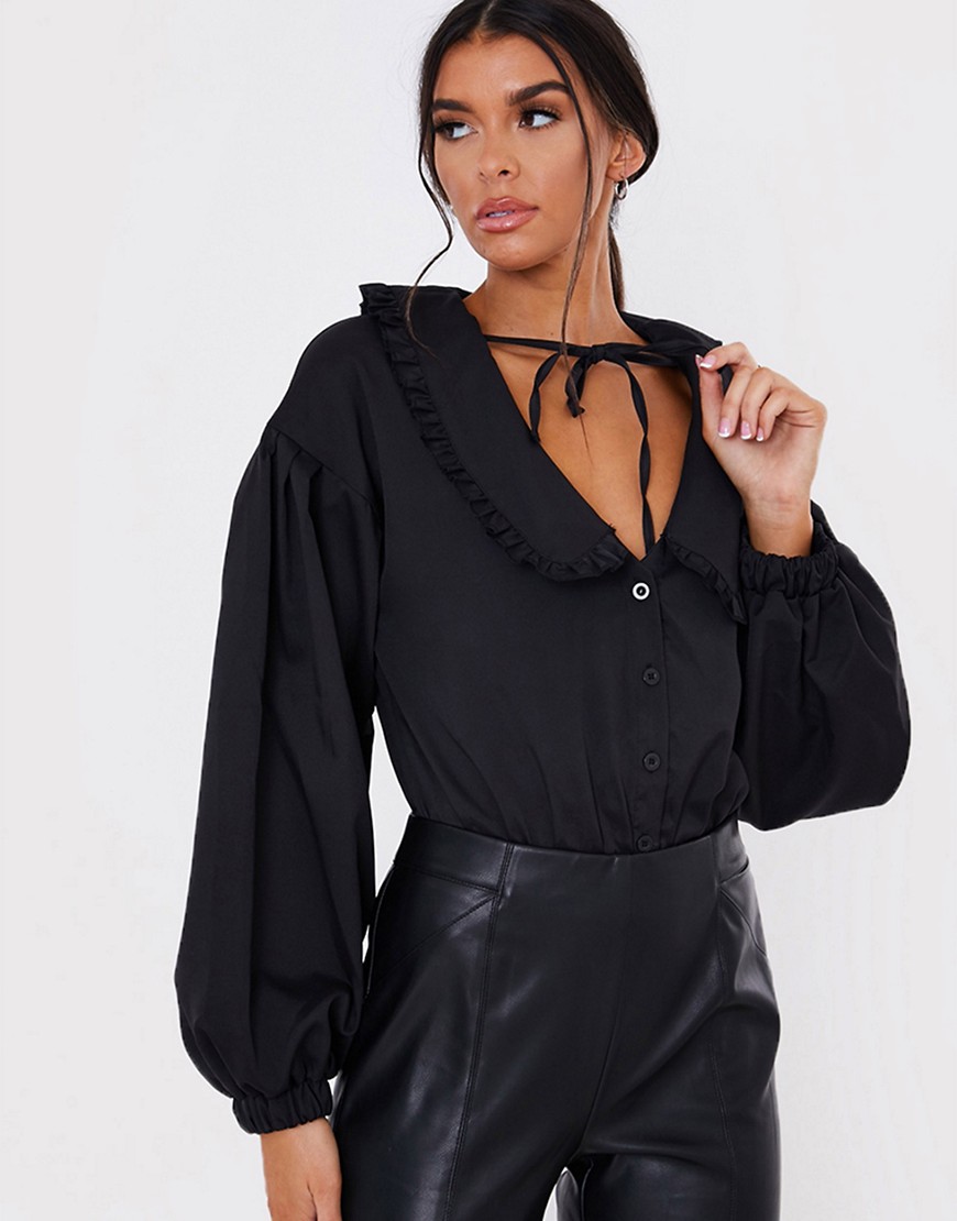 In The Style x Lorna Luxe volume sleeve bodysuit with oversized collar detail in black