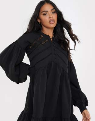 In The Style X Lorna Luxe Volume Sleeve Button Front Mini Smock Dress in  Black