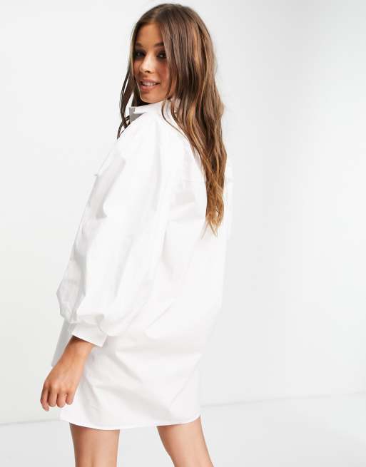 In The Style x Lorna Luxe volume sleeve shirt dress in white