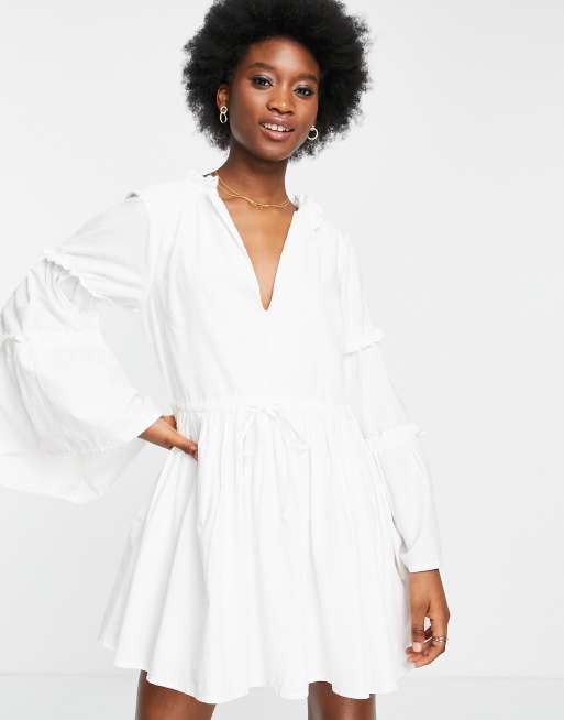 In The Style x Lorna Luxe volume sleeve shirt dress in white