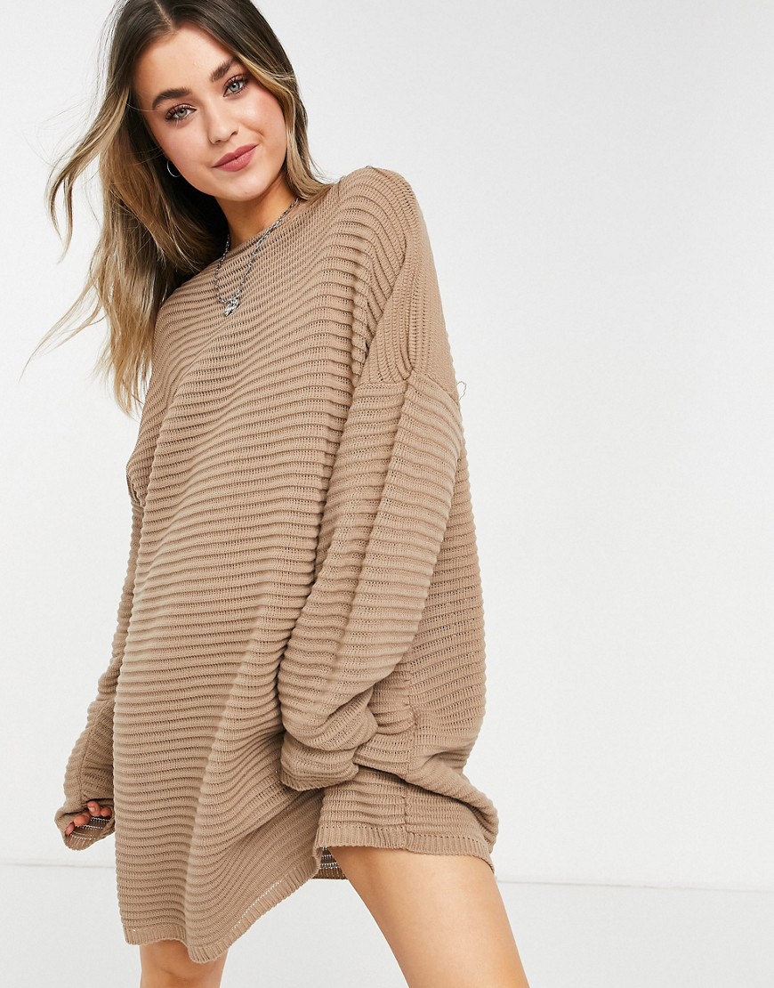 In The Style x Megan McKenna knitted slouch off shoulder dress in taupe-Neutral