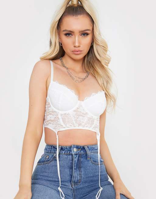 In The Style x Megan Mckenna lace trim corset top in white ASOS