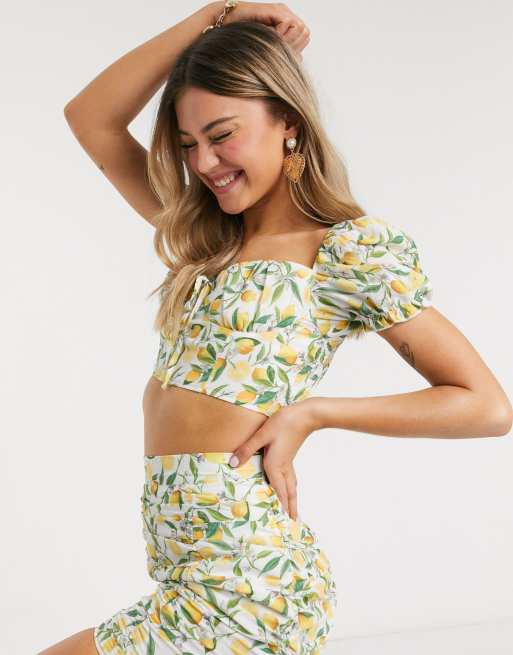 In The Style x Meggan Grubb frilly tie front crop top in lemon print