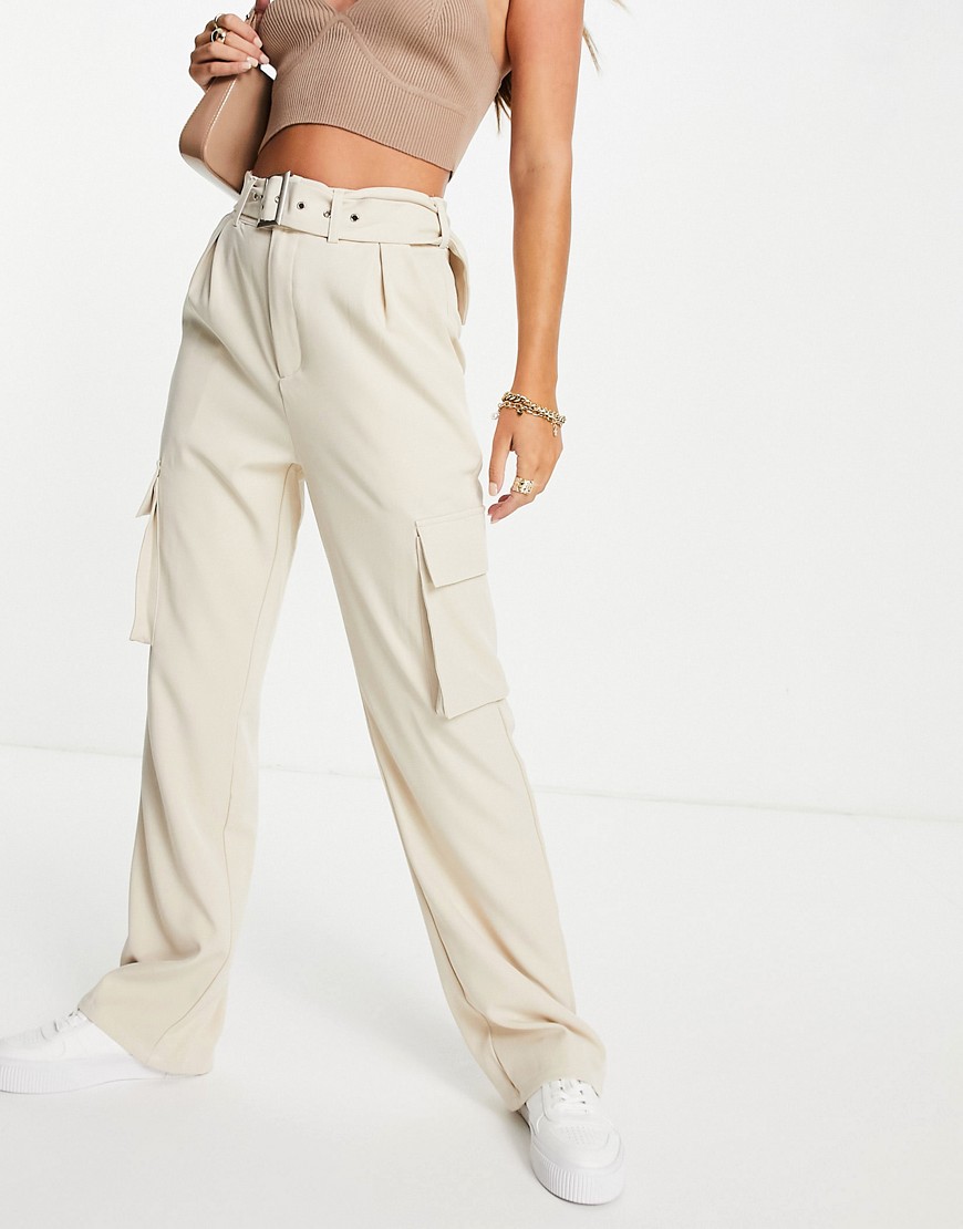 In The Style x Naomi Genes wide leg cargo pant in stone-Neutral
