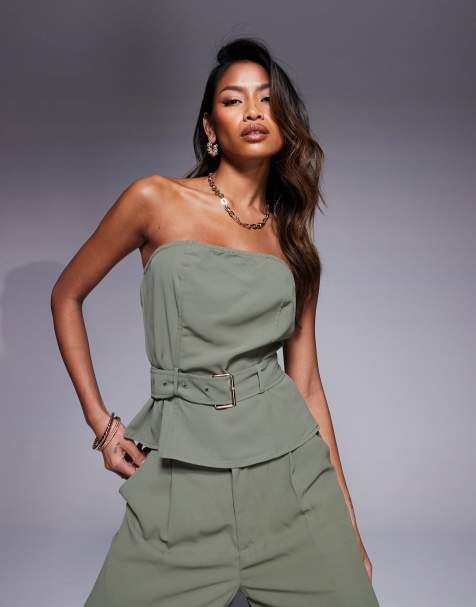 In The Style x Natalya Wright exclusive tailored bandeau belted top co-ord in khaki - view 1