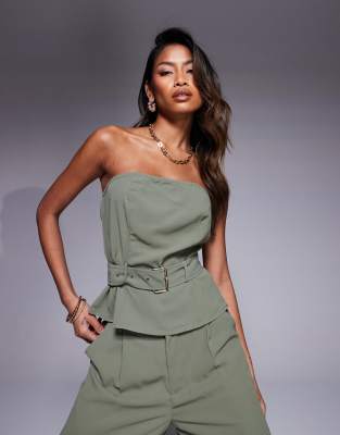 x Natalya Wright exclusive tailored bandeau belted top in khaki - part of a set-Green