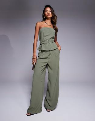 In The Style x Natalya Wright - Exklusive, elegante Hose in Khaki mit hohem Bund und weitem Bein, Kombiteil-Grün