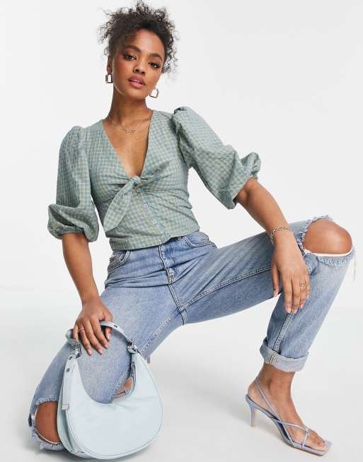 In The Style x Olivia Bowen - Crop top salvia a quadri con maniche e sbuffo e fiocco frontale