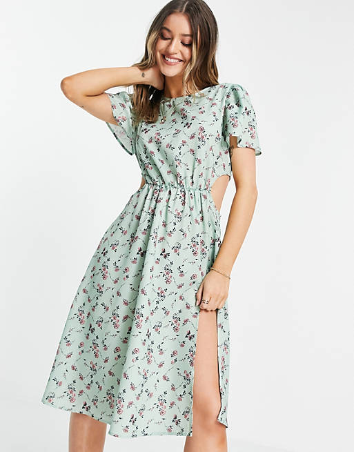In The Style x Olivia Bowen cut out side midi dress with thigh split in sage floral print