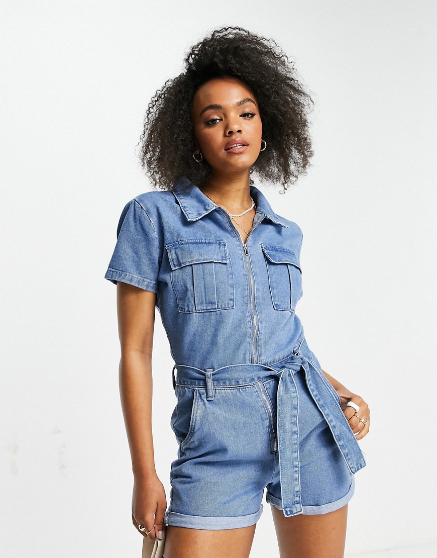 In The Style x Olivia Bowen denim collar detail romper with belt detail in light blue wash-Blues