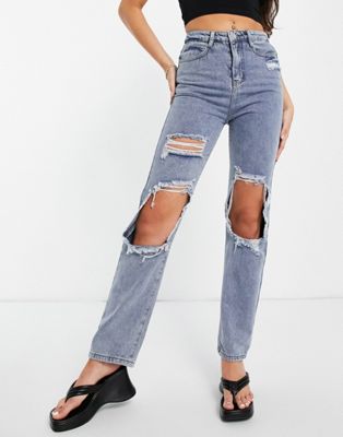 In The Style x Olivia Bowen – Denim-Jeans in verwaschenes Blau mit geradem Schnitt und Used-Look